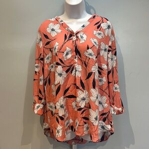 JM Collection Pink Coral and White Floral Blouse Large